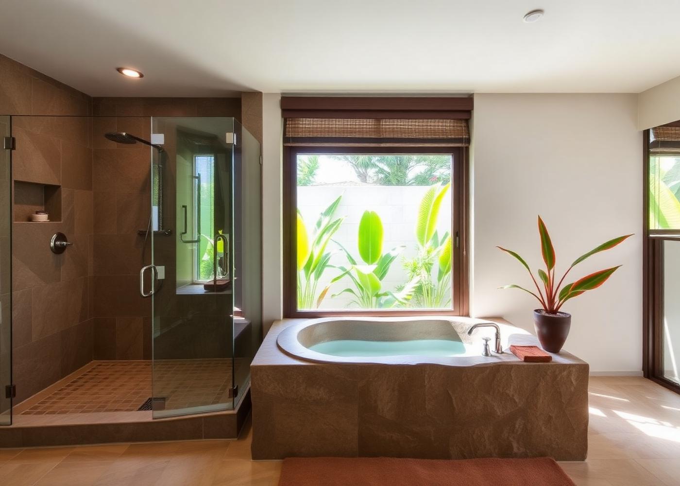 Spa bathroom with stone soaking tub and tropical garden view