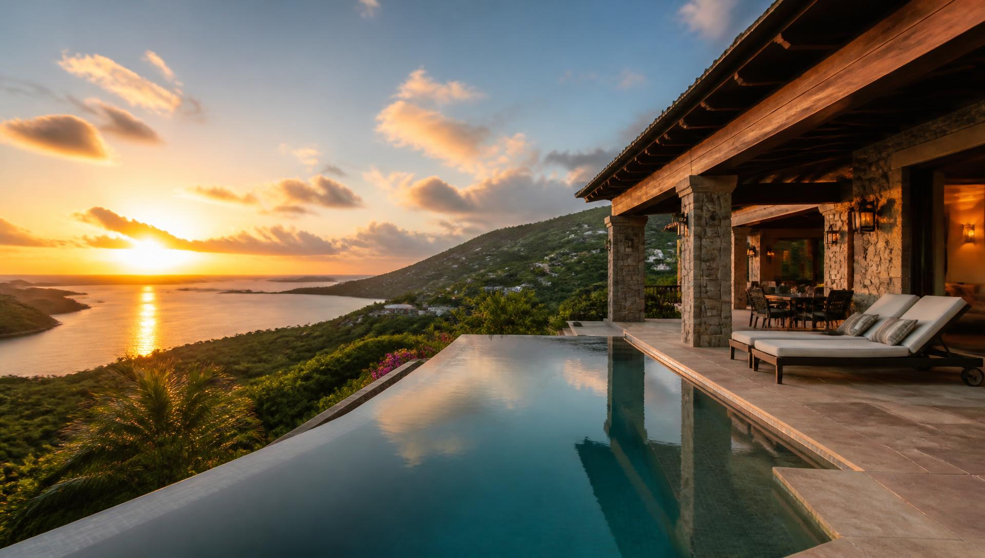 Sanctuary villa pool deck at sunset above Rendezvous Bay, St. John
