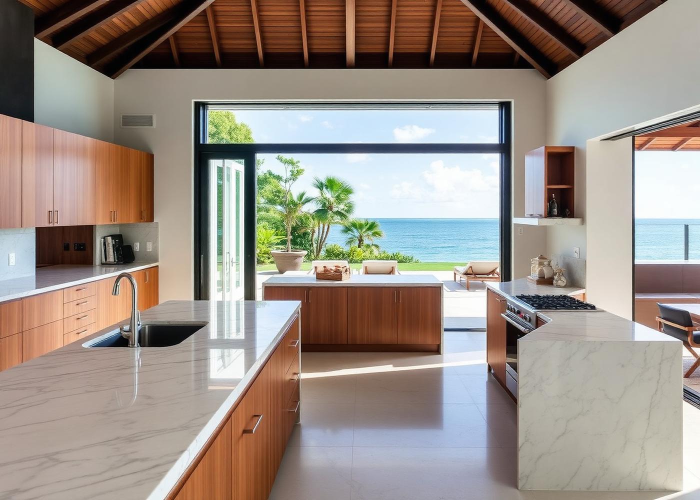 Chef's kitchen with marble island open to the ocean view