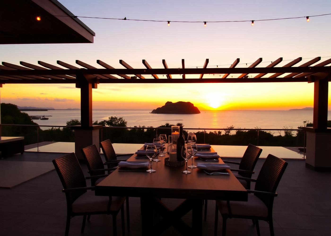 Outdoor dining terrace at dusk with sea views